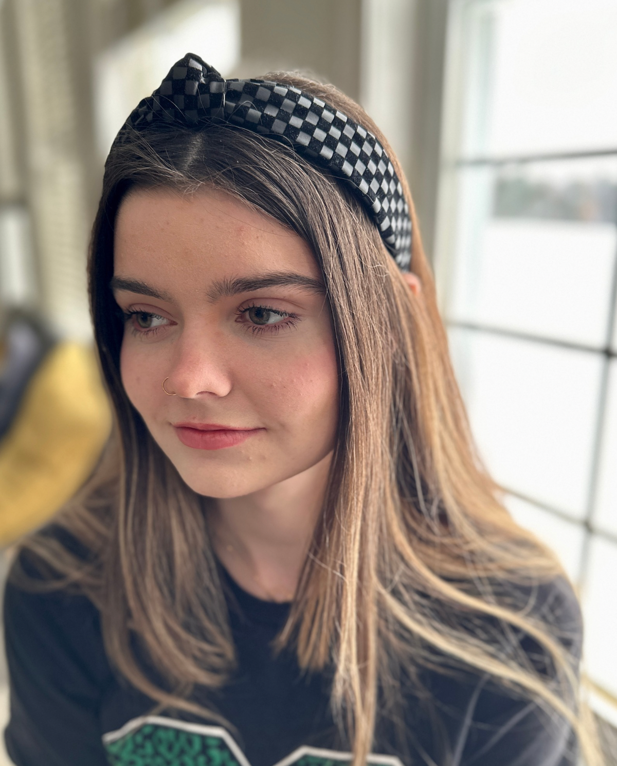 LR | Black Faux Leather & Velvet Checks Topknot Headband