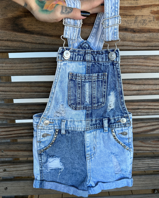 OOAK | Distressed Studded Short Overalls | Size 3T