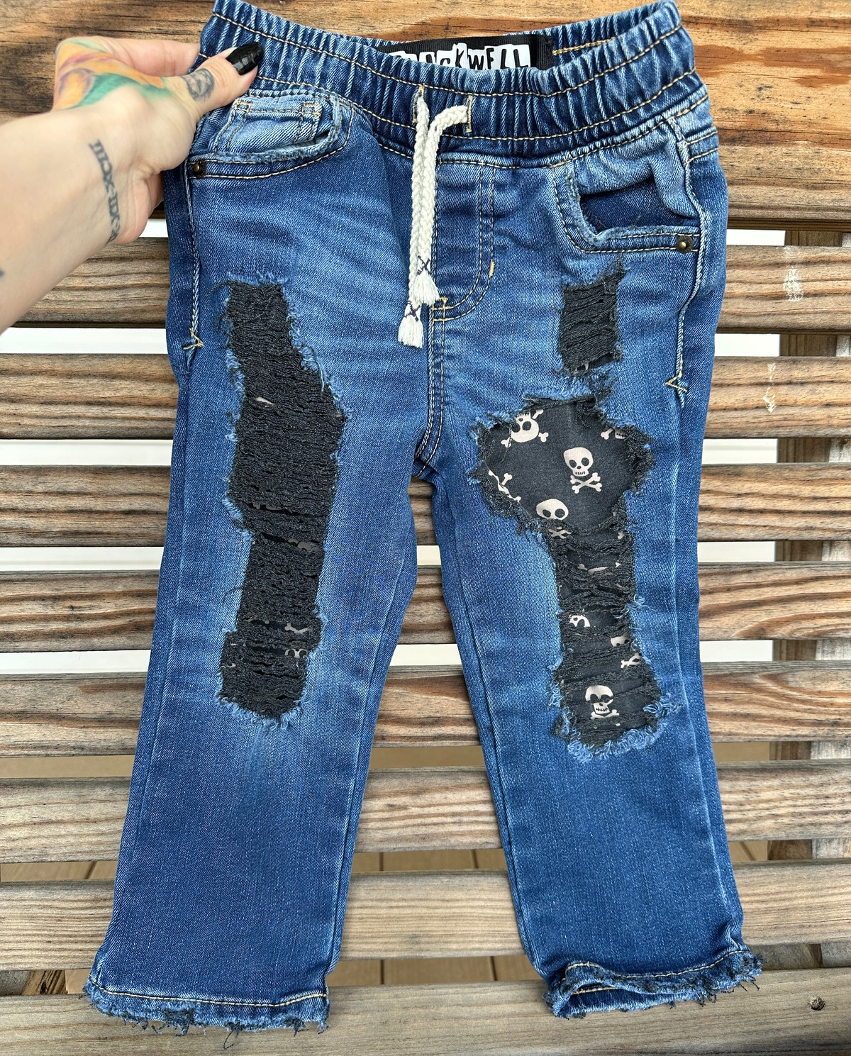 OOAK | Distressed Dark Wash with Skull Peekaboo | Size 2T