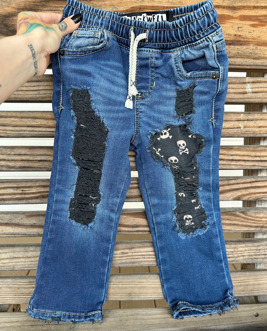 OOAK | Distressed Dark Wash with Skull Peekaboo | Size 2T